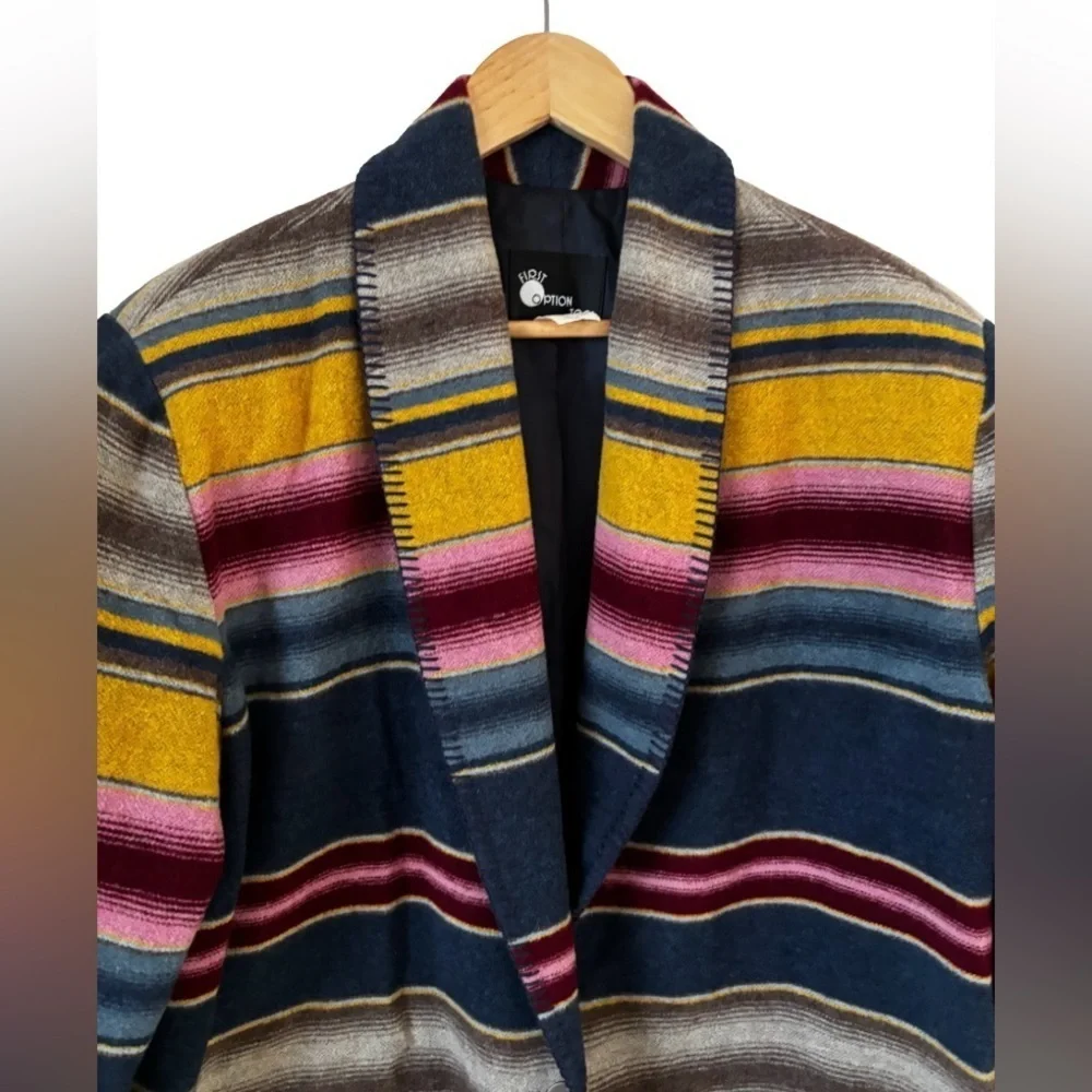 VINTAGEY2K Southwst Blnkt Stripe wool blnd lined blzr w blnkt stitch SZ S ethnic